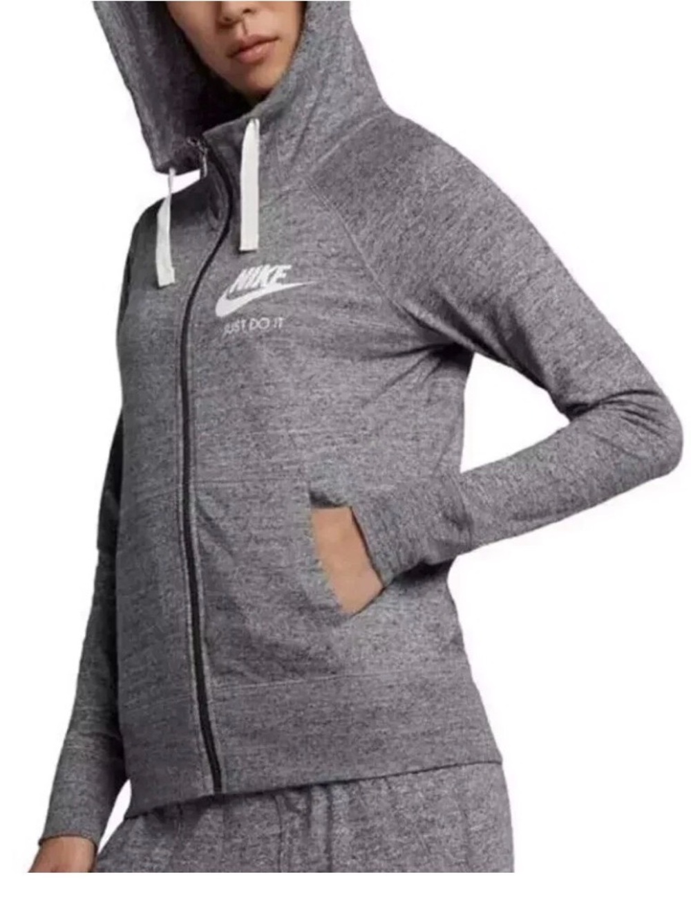 Nike Dark Gray Grey Pullover Hoodie with White Swoosh and White Drawstrings S